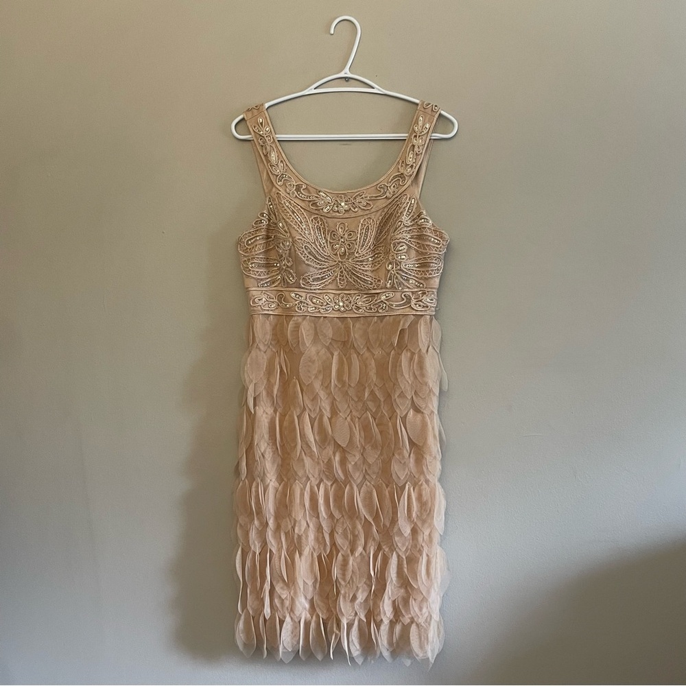 Sue Wong Champagne Beaded Textured Cocktail Dress – Size 10 GUC